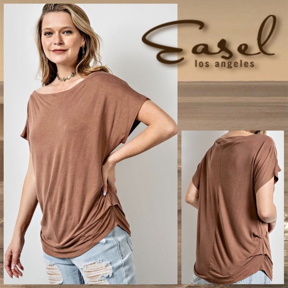 EASEL Ruched Sides Slouchy Short Dolman Sleeves Slinky Boat Neck Top Scooped Hem - Picture 1 of 13